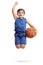 Overjoyed little basketball player jumping and gesturing happiness