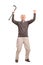 Overjoyed senior holding a cane an looking up