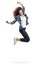 Overjoyed teen girl jumping and gesturing happiness