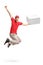 Overjoyed teenage pizza delivery boy jumping and gesturing happiness