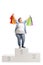 Overjoyed woman with shopping bags standing on a winners pedestal