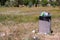 Overloaded garbage bin on a grass at city park