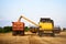 Overloading grain from the combine harvesters into a grain truck in the field. Harvester unloder pouring just harvested