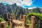 Overlook with chains and stone posts in Huang Shan