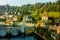 Overlook of river, bridge, houses, Switzerland