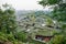 Overlook to Chinese traditional buildings at mountain foot in cl