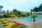 Overlooking the pool with a flower bed