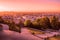 Overlooking the rooftops of Paris at sunrise from Montmartre Hill, Paris, France