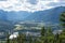 Overlooking the Town of Banff from Tunnel Mountain Trail summit in summer sunny day. Banff National Park