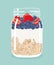 Overnight oats with strawberries, blueberries and yogurt in glass mason jar. Vector hand drawn illustration.