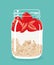 Overnight oats with strawberries and yogurt in glass mason jar. Vector hand drawn illustration.