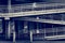 Overpass ramp with railings. Abstract toned image of metal structures