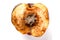 Overripe apple with rotten core on white background