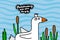 Overthinking and also hungry hand drawn vector illustration in cartoon comic style stupid duck on lake
