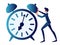Overtime, ambiguous, time management. Abstract concept, a businessman is pushing a clock. In minimalist style.
