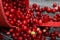 An overturned basket of cranberries. The berries were scattered over the surface of the planks with a wooden structure