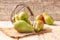 Overturned basket with ripe pears on wooden table