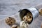 Overturned decorative bucket filled with quail eggs on napkin over white textured background, close-up, selective focus.