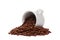 Overturned white coffee cup overfilled with roasted coffee beans on white background