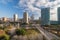 Overview of the Diagonal Mar public park with modern buildings in Barcelona, Catalonia, Spain