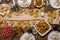 Overview of festive table served for Thanksgiving day with homemade food