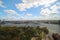 Overview over the city of Rotterdam in the Netherlands with its harbors and bridges over the river Oude Maas.