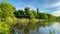 Overview of small green ponk in the park, beautiful nature with blue sky, wide angle footage