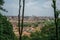 Overview of trees, cathedrals domes, monuments and roofs on a cloudy day at Rome.