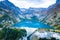 Overview of water dam and reservoir lake in Swiss Alps mountains producing sustainable hydropower, hydroelectricity generation,