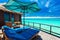 Overwater villa balcony overlooking green tropical lagoon