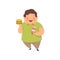 Overweight boy with hamburger and soda drink, cute chubby child cartoon character vector Illustration on a white