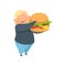 Overweight boy with a huge burger, cute chubby child cartoon character vector Illustration on a white background.