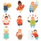 Overweight boys and girls set, cute chubby children cartoon characters with fast food vector Illustration on a white
