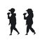 Overweight man and woman walking eating fast food on the way silhouette