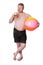 Overweight middle aged man with beach ball drinking beer