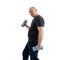 Overweight middle aged man with dumbbells. Isolated on no white background