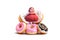 Overweight and sweets concept.Amazed bbw figurine in brown dress on donuts .Emotional overweight woman and appetizing