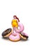 Overweight and sweets concept. Harm of sweets and pastries.Amazed bbw figurine on donuts .Emotional overweight woman and