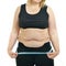 Overweight unhappy middle-aged woman measuring her hips, isolated over white background. Overeating xxl size woman