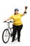 Overweight woman with a bike and a golden trophy