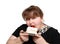 Overweight woman biting cake