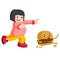 Overweight Woman chasing hamburger cartoon