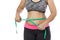 Overweight woman check out his body fat with green measuring tape for obesity on gray background