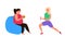 Overweight woman eats burger and slim sporty girl doing exercise