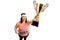 Overweight woman with an exercise mat and a golden trophy