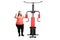 Overweight woman with an exercising machine showing thumbs up is