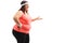 Overweight woman gesturing with her hand