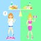 Overweight woman and healthy eating woman, healthy lifestyle choice concept with fast food and vegetable, fruit on scale