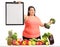Overweight woman holding a blank clipboard and a broccoli dumbbell behind a table with fruit and vegetables
