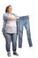 Overweight woman holding a pair of small jeans